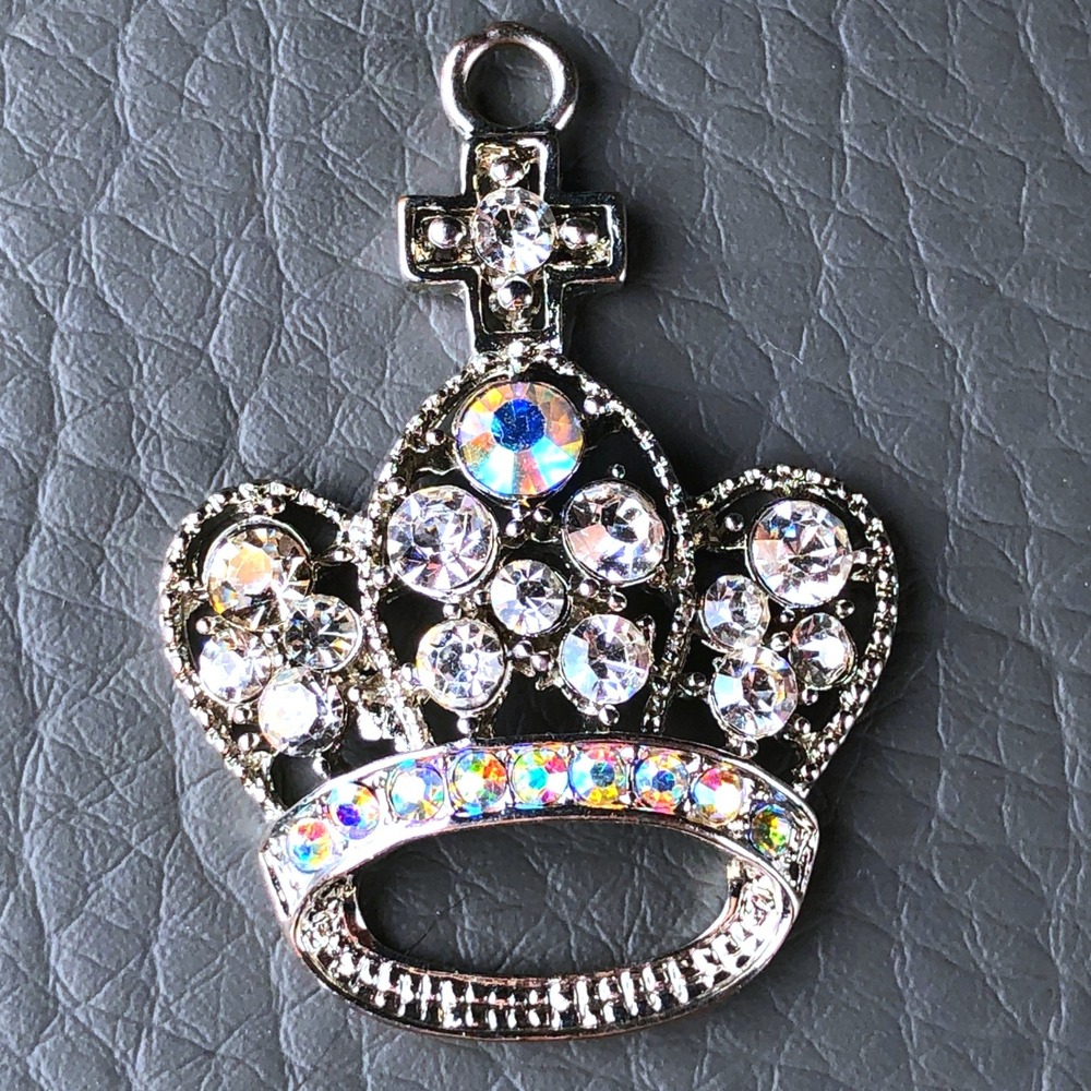 Crown Pendant Silver Tone Rhinestone Aurora Borealis Mardi Gras‎ Queen Charm